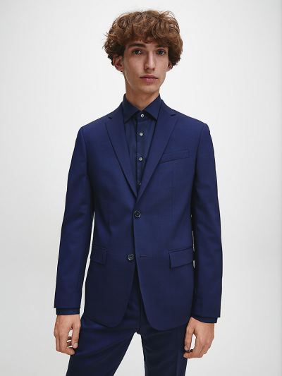 Calvin Klein Ruhák HU313759 | Calvin Klein Fitted Single-Breasted Wool Stretch Férfi Blézer Kék